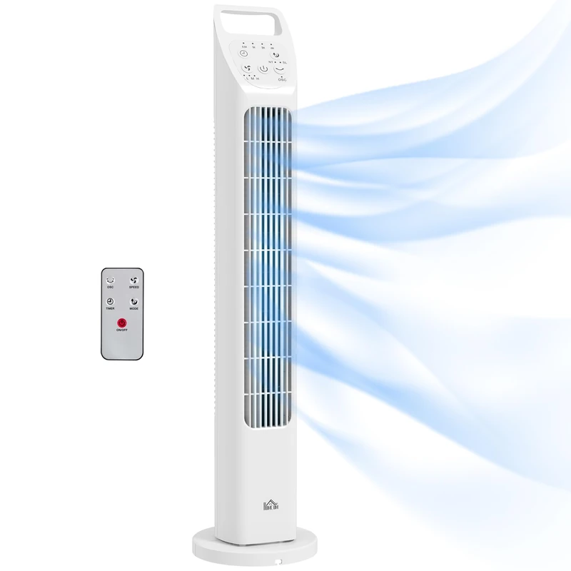 HOMCOM Tower Fan, Electric Cooling Fan with Remote, 75° Oscillating, 3 Speed 3 Modes, 7.5H Timer, Quiet Standing Bladeless for Bedroom Office, White