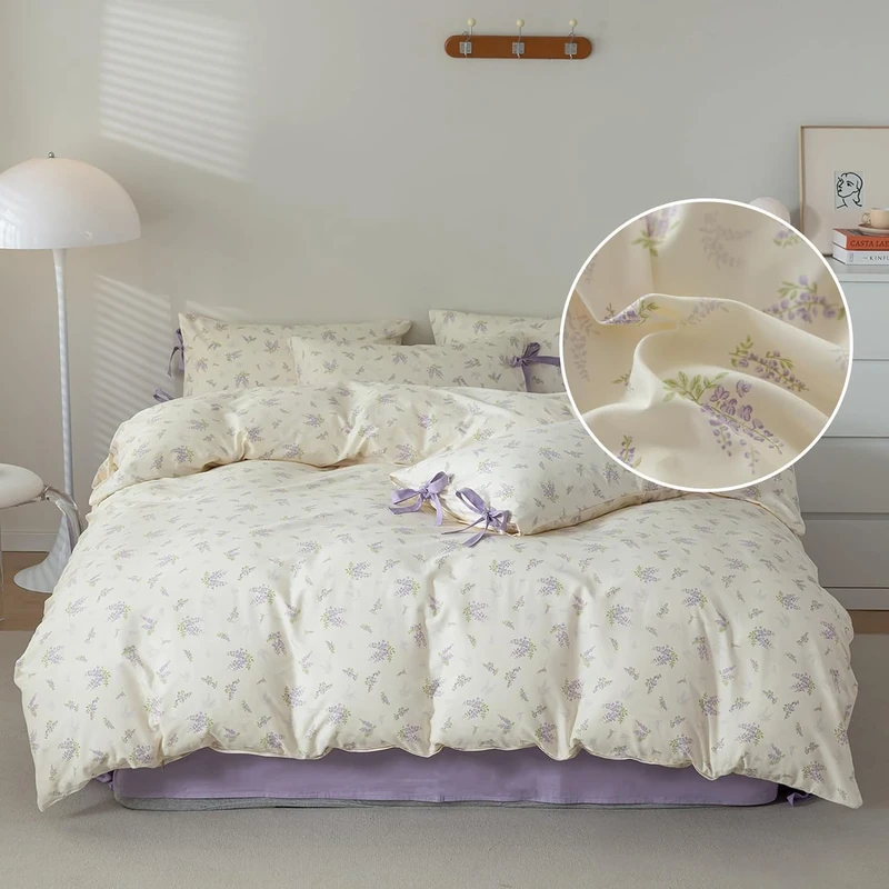 Lilac Vintage Garden Floral Comforter Set Twin XL - Fluffy Girls Flower Leaves Bedding Set Purple All Season Botanical With 2 Bow Ties Pillowcases