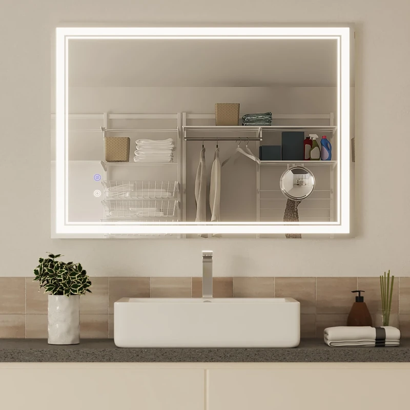 Mondeer 600 X 800 mm Bathroom Mirror with LED Lights, Illuminated Wall Mounted Vanity Mirror with Memory Function 3 Colors Dimmable Demister and 5x Magnifier (3000 K - 6500 K)