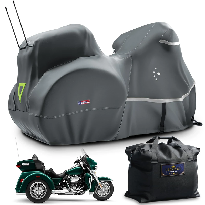 LI LIBZAKI Trike Motorcycle Cover, Rugged 600D Waterproof Trike Case Harley Davidson Freewheeler Tri Glide CVO Version Goldwing Chidftain Challenger Grey