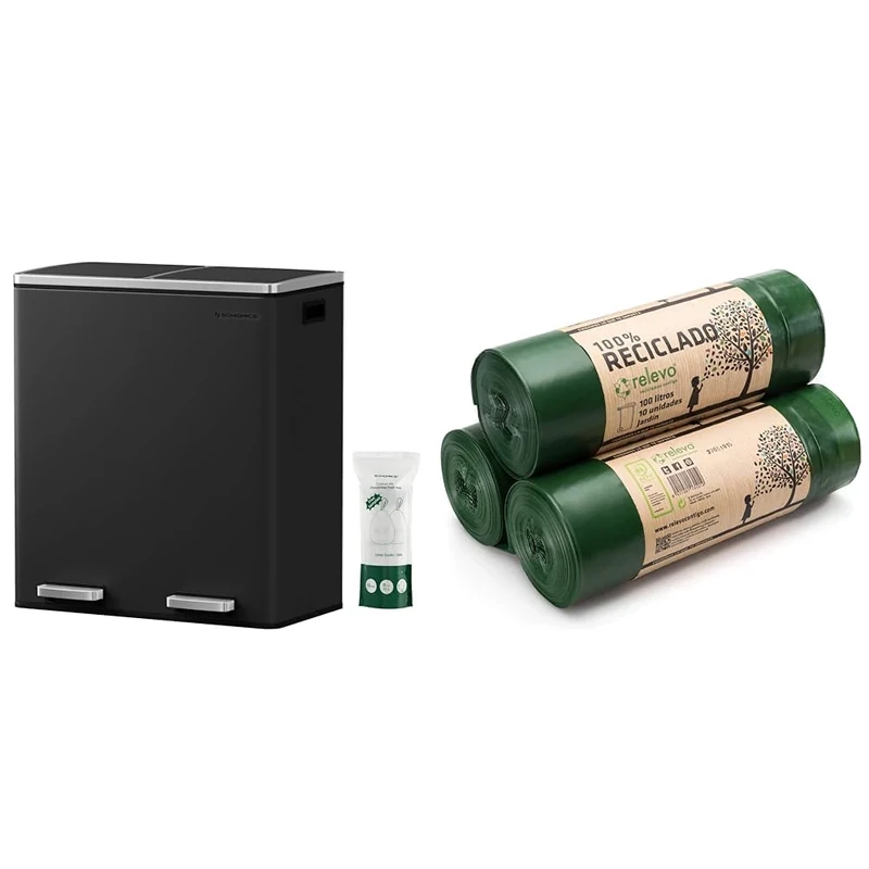 SONGMICS Double Rubbish Bin, 2 x 30L Waste and Recycling Kitchen Bin with 15 Rubbish Bags & Relevo 100% Recycled Bin Liners, Heavy Duty 100L, 30 Bin Bags