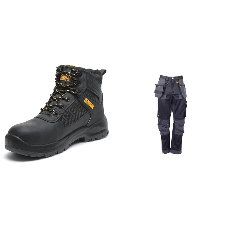 Dewalt Men's Douglas Waterproof Steel Toe Safety Boot Black UK8 & Men's Harrison Pro Stretch Trousers Waist 31 Leg 36W, Black/Grey, UK