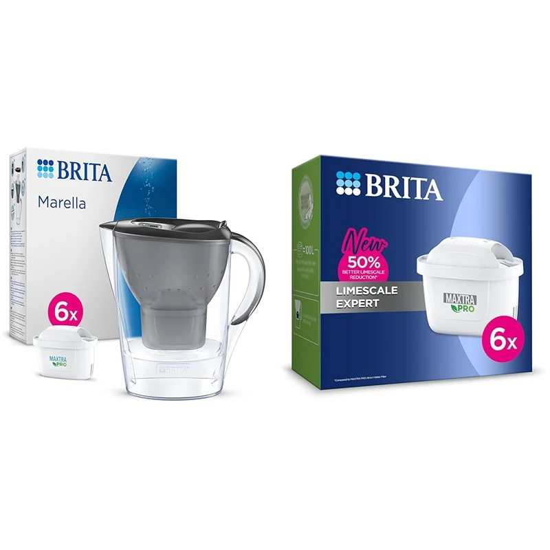 BRITA Marella Water Filter Jug Half Year Pack - Graphite (2.4L) incl. 6x MAXTRA PRO All-in-1 & MAXTRA PRO Limescale Expert Water Filter Cartridge 6 Pack