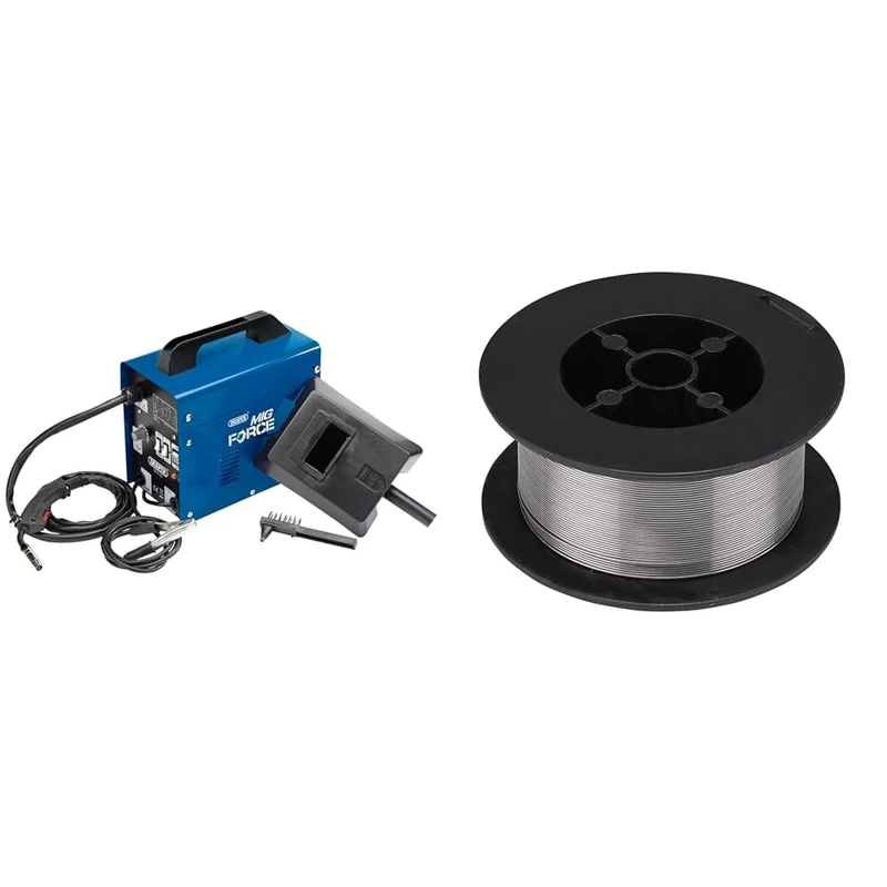 Draper 230v 100A Gasless Turbo MIG Welder with Earth Clamp, 2.5m Welding Torch, Mask & Accessories & 30644 Flux Cored MIG Welding Wire (450g), Silver, 0.8mm, One Size