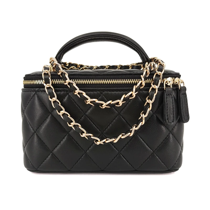 M-ioi-M Small Genuine Leather Purse Quilted Crossbody Bag for Women, Mini Top-Handle Shoulder Handbag w/Gold Chain Strap, Black, S