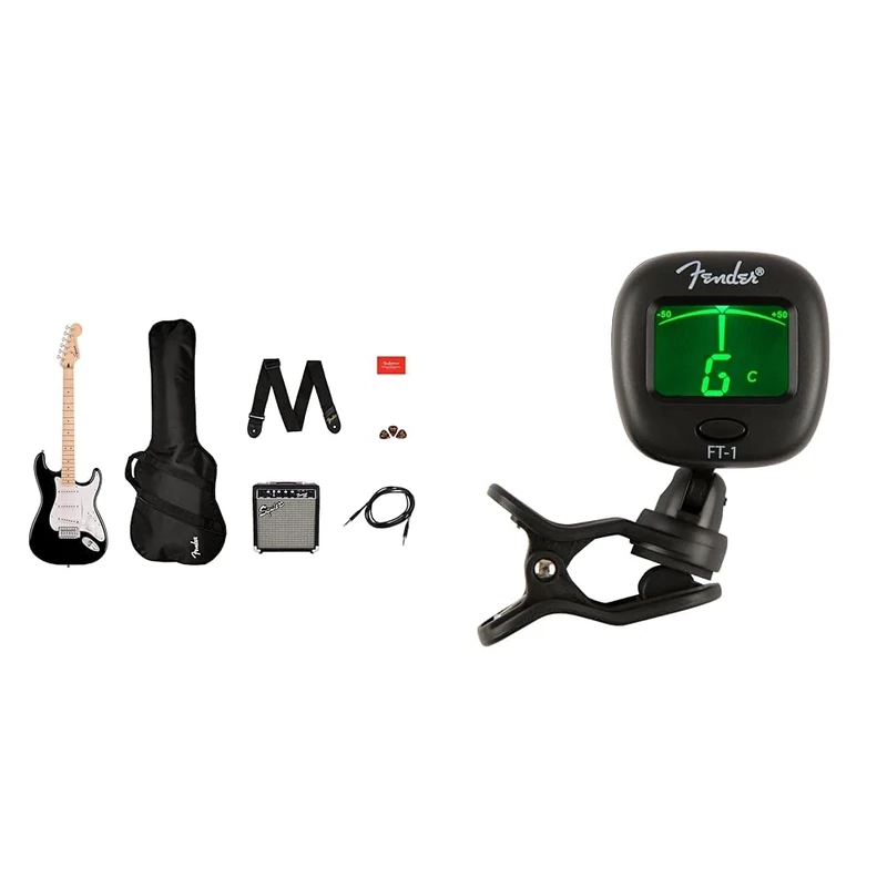 Squier by Fender Sonic Stratocaster Electric Guitar Pack, Maple Fingerboard in Black, Gig Bag & FT-1 Pro Clip-On Tuner, For Electric, Acoustic & Bass Guitars & Ukuleles, Black