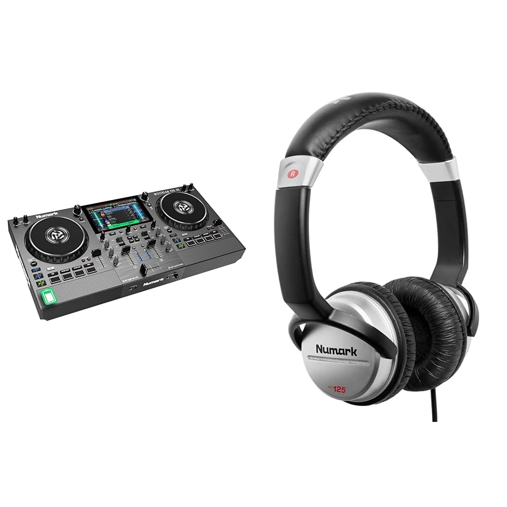 Numark Mixstream Pro Go - Standalone DJ Controller with Battery, DJ Mixer, Speakers & HF125 - Ultra-Portable Professional DJ Headphones with 6 ft Cable