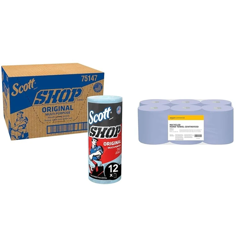 Scott Shop Towels Original 75147 - Heavy Duty Blue Towels - 12 Packs of 1 Blue Roll x 55 Disposable & AmazonCommercial Recycled Blue 2-Ply Paper Hand Towels, Centre Feed Compatible, 30 cm x 20 cm