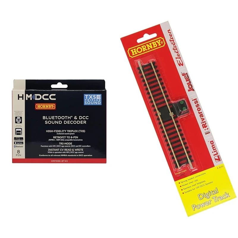 Hornby R7336 HM7000-8TXS: Bluetooth® & DCC Sound Decoder (8-pin) & R8241 OO Gauge Digital Power Track - Extra Track Pieces for Model Railway Sets