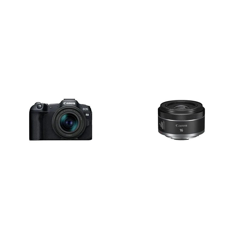 Canon EOS R8+RF 24-50MM F4.5-6.3 IS STM|24.2MP Full-Frame Mirrorless Camera & RF 16mm F2.8 STM - Ultra-wide lens for Canon R system cameras, ideal for vlogging, landscapes and architecture.