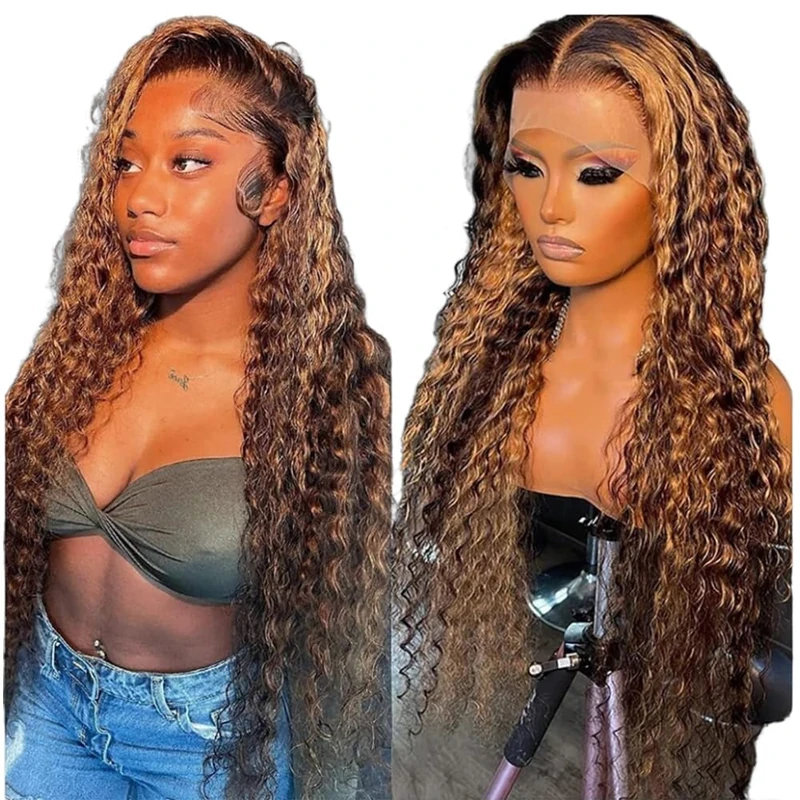 Chesma 30inch Highlight Ombre Lace Front Wig Human Hair 13x4 HD Honey Blonde 4/27 Deep Wave Lace Frontal Wigs Glueless Wigs Human Hair Pre Plucked with Baby Hair 180 Density - Image 1