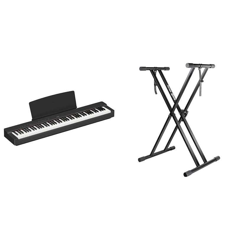 Yamaha P-225 Digital Piano with 88 Graded Hammer Compact Keys and 24 Instrumental Voices & RockJam XX-363 Xfinity Doublebraced Pre Assembled Keyboard Stand with Locking Straps & Lessons.,Black