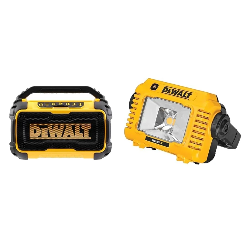 DEWALT DCR011-xj Bluetooth® Speaker 10.8-54V Li-ion Bare Unit, Yellow & DCL077 Battery-Powered Construction Light 2000 Lumen Building Site Light Bulb 3 Level Light Strength Setting
