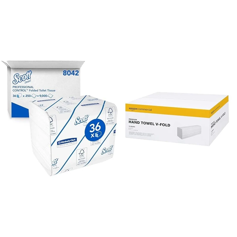 Scott Control Folded Toilet Tissue 8042-2 Ply Bulk Toilet Paper - 36 Packs x 250 & AmazonCommercial 417798 Interfold-Vfold Paper Hand Towels, 2 PLY - 266 Count (Pack of 15)