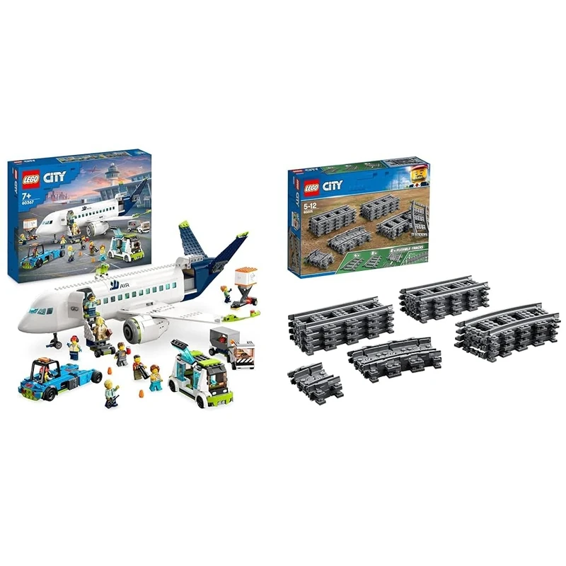 LEGO 60367 City Passenger Aeroplane Toy Building Set, Large Plane Model & 60205 City Tracks 20 Pieces Extention Accessory Set, Building Toy Train Track Expansion, Toys for Kids