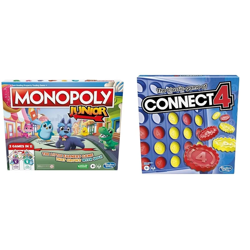 Monopoly Junior Board Game, 2-Sided Gameboard, 2 Games in 1, Monopoly Game for Younger Children & The Classic Game of Connect 4 Strategy Board Game; 2 Games for Kids Aged 6 and up; 4 in a Row