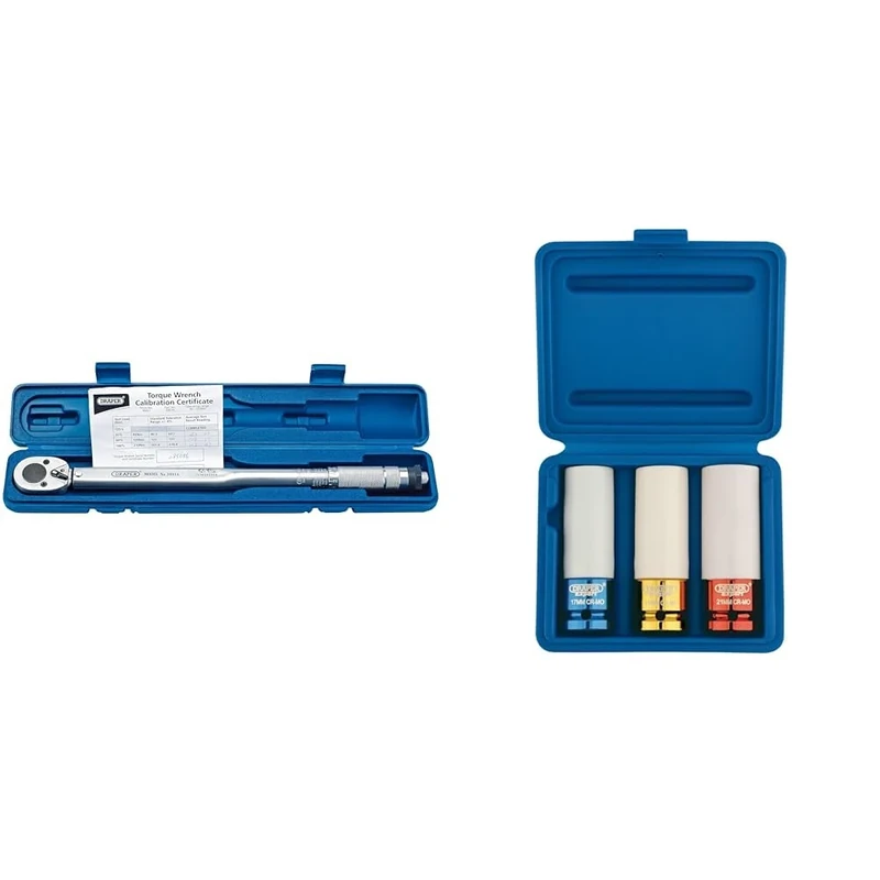 Draper 1/2" Square Drive Micrometre Reversible Ratchet Torque Wrench 30Nm-210Nm - 30357 - Mechanics Car Tool & 30630 Expert Hi-Torq Wheel Nut Socket for Alloy Wheels, Multicolour