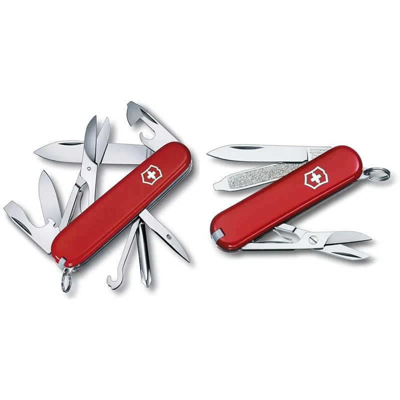 Victorinox Super Tinker, Swiss Army Knife, Medium, Multi Tool, 14 Functions, Blade, Bottle Opener, Red & Classic SD Swiss Army Knife, Small, Multi Tool, 7 Functions, Scissors, Nail File, Red