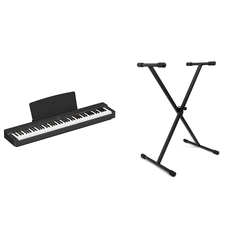 Yamaha P-225 Digital Piano with 88 Graded Hammer Compact Keys and 24 Instrumental Voices & TIGER KYS77-BK X-Frame Keyboard Stand - Height Adjustable Single Braced for Keyboards