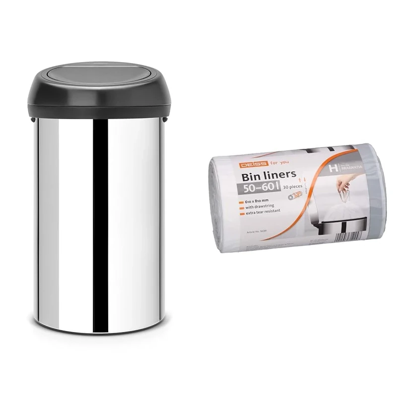 Brabantia 60 Litre Large Kitchen Touch Bin (Brilliant Steel/Matt Black Lid) - Uses 50-60 L Bin Liners (Size H), Pack of 30
