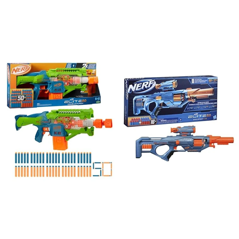 Nerf Elite 2.0 Double Punch Motorised Dart Blaster & Hasbro Elite 2.0 Eaglepoint RD-8 Blaster - 8-Dart Drum, Detachable Scope and Barrel, 16 Nerf Darts, Bolt Action