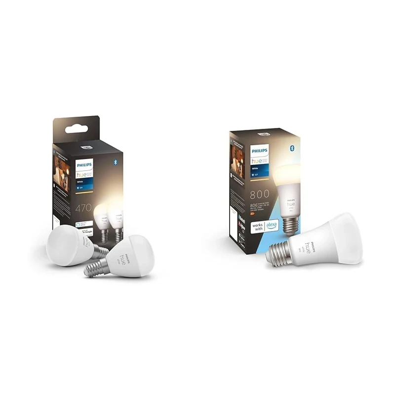 Philips Hue New White Smart Light Bulb Lustre 2 Pack [E14 Small Edison Screw] with Bluetooth & White A60 Smart LED Light Bulb [E27 Edison Screw] for Home Indoor Lighting with Amazon Echo and Alexa