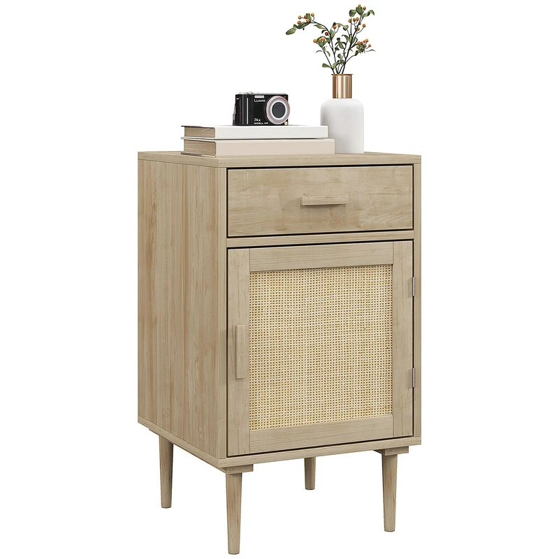 HOMCOM Bedside Table with Rattan Drawer, Cabinet and Adjustable Shelf, Natural