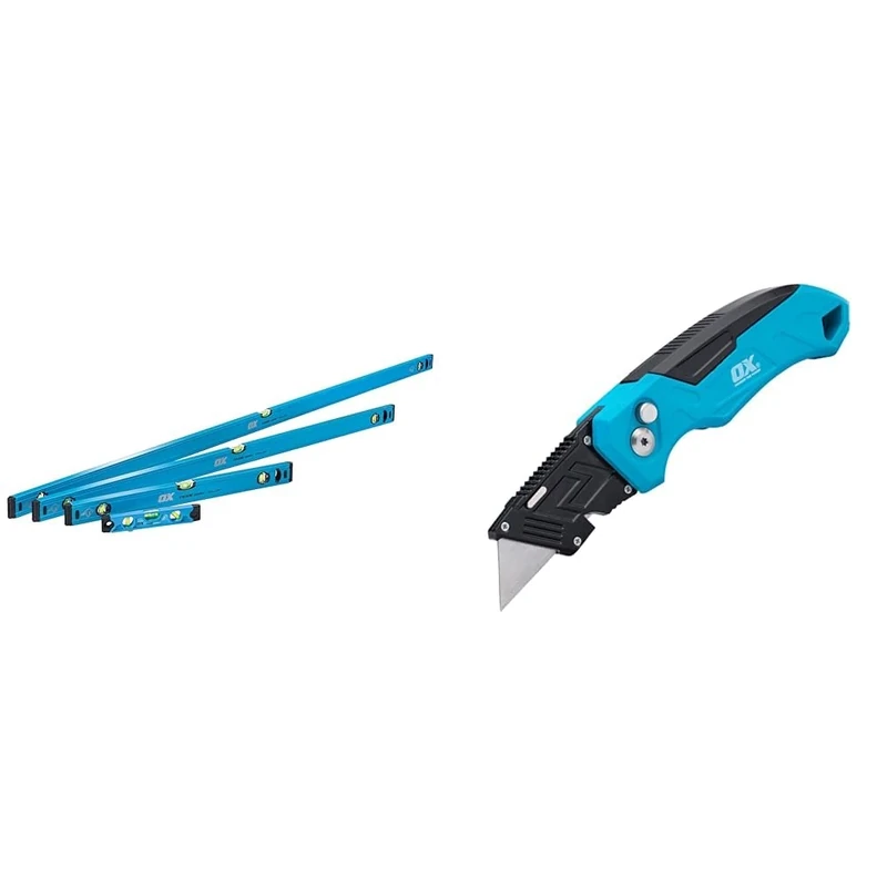OX Trade 4 Piece Level Set - 600, 1200 & 1800mm Trade Level and Trade 230mm Torpedo Level & P224301 Pro Heavy Duty Fixed Blade Folding Knife, Blue/Black