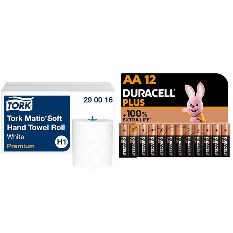 Tork Matic Soft Hand Towel Roll Premium 290016 - H1 Premium Paper Towels for Roll Towel Dispenser & Duracell Plus AA Batteries (12 Pack) - Alkaline 1.5V - Up to 100% Extra Life