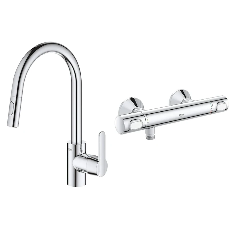 GROHE Get - Kitchen Sink Pull-Out Mixer Tap (2 Spray Options, High Spout, 360° Swivel Range & Precision Flow - Wall Mounted Thermostatic Shower Mixer