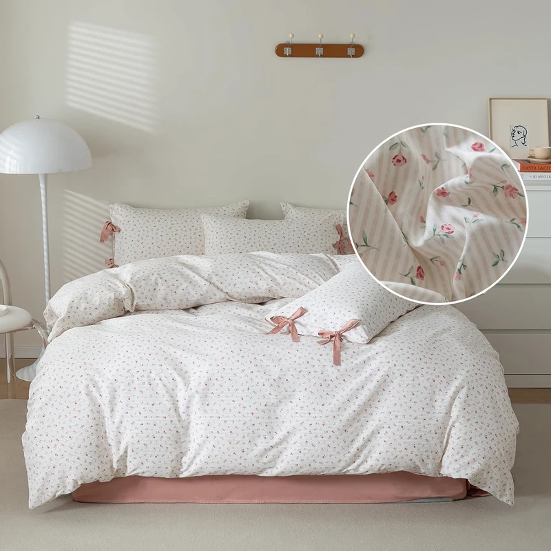 Botanical Floral Comforter Set Full Size Fluffy Cozy Comforter with Pink Flower Stripes Pattern Garden Floral Coquette Bedding Comforter Set for All Seasons Girls Women Flowers Comforter for Full Bed