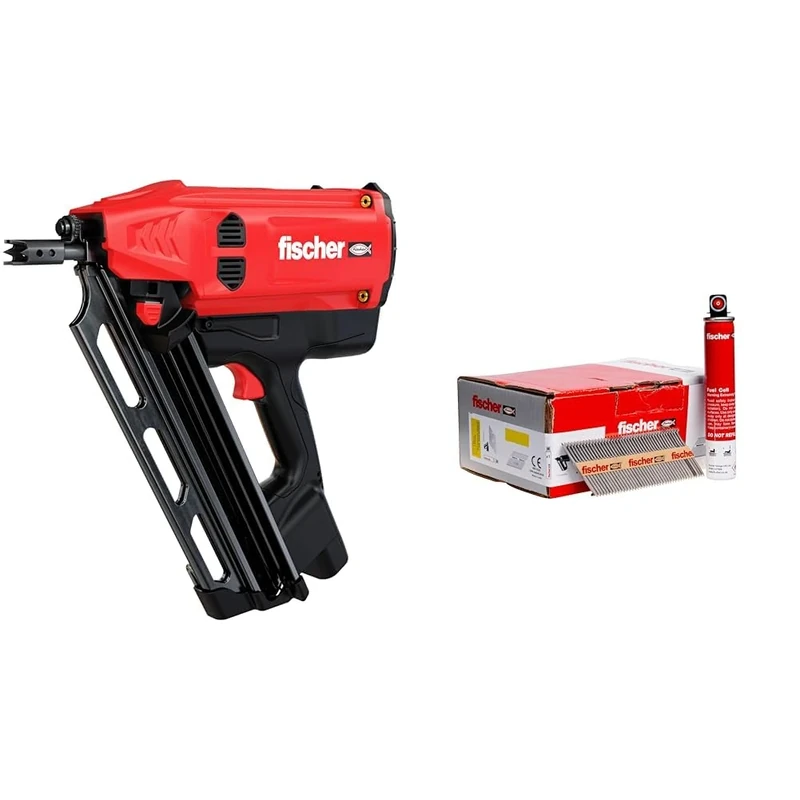 fischer 560041 FGW 90F Gas Framing Nailer, Nail Gun, Red & Black & Nail Fuel Pack 90x3.1mm Smooth Galv, 534702