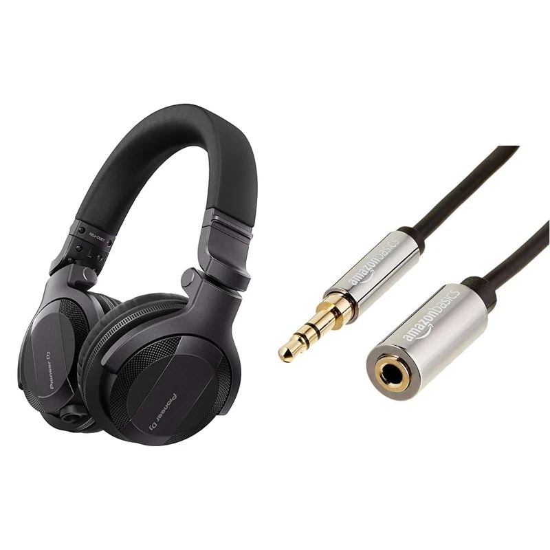 Pioneer DJ HDJ-CUE1, DJ Headphones & AmazonBasics 3.5mm Male to Female Stereo Audio Cable (12 Feet)