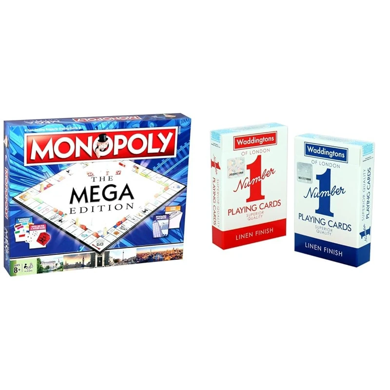 Winning Moves Mega Monopoly, an upgrade on the classic game board with 12 extra spaces & Waddingtons Number 1 Playing Card Game, play with the classic Red and Blue Twin Pack