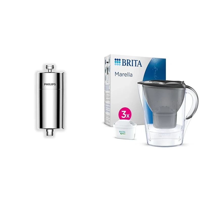 Philips Water - in-Line Shower Filter, Reduces Chlorine by up to 99%, Easy to Instal & BRITA Marella Water Filter Jug Starter Pack - Graphite (2.4L) incl. 3X MAXTRA PRO