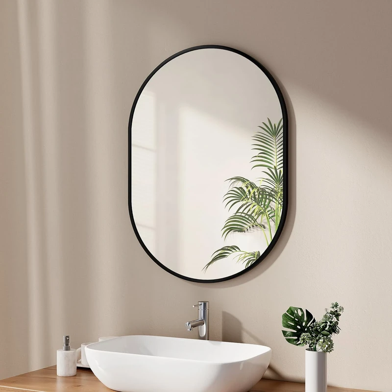 EMKE Bathroom Mirror, 60 x 80 cm, Black Frame Wall Mirror, Oval, Horizontal/Vertical, for Bathroom, Hallway, Living Room, Bedroom, Guest Toilet