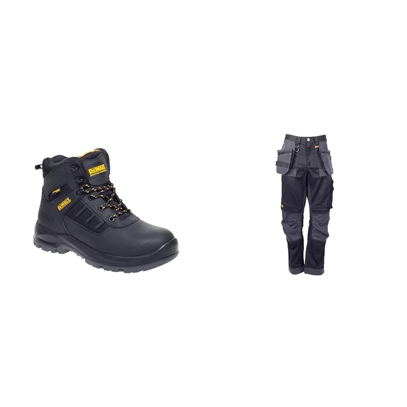 Dewalt Men's Douglas Boot tools, Black, 10 UK & Men's Harrison Pro Stretch Trousers Waist 31 Leg 34W, Black/Grey, UK