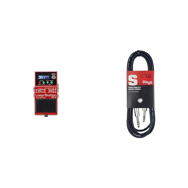 BOSS RC-5 Loop Station — modern, compact looper with first-class sound quality, 99 phrase memories & Stagg SAC3PS DL 3m/10 ft Deluxe Jack to Jack Instrument Cable