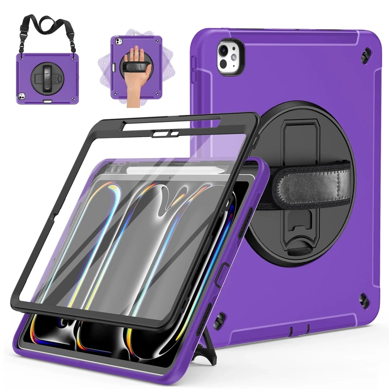Miesherk Case for iPad Pro 13 Inch, Military Grade Heavy Duty Shockproof iPad 13 Case (2024, 7th Generation) - Screen Protector, Rotating Stand, Pencil Holder, Hand/Shoulder Strap, Purple