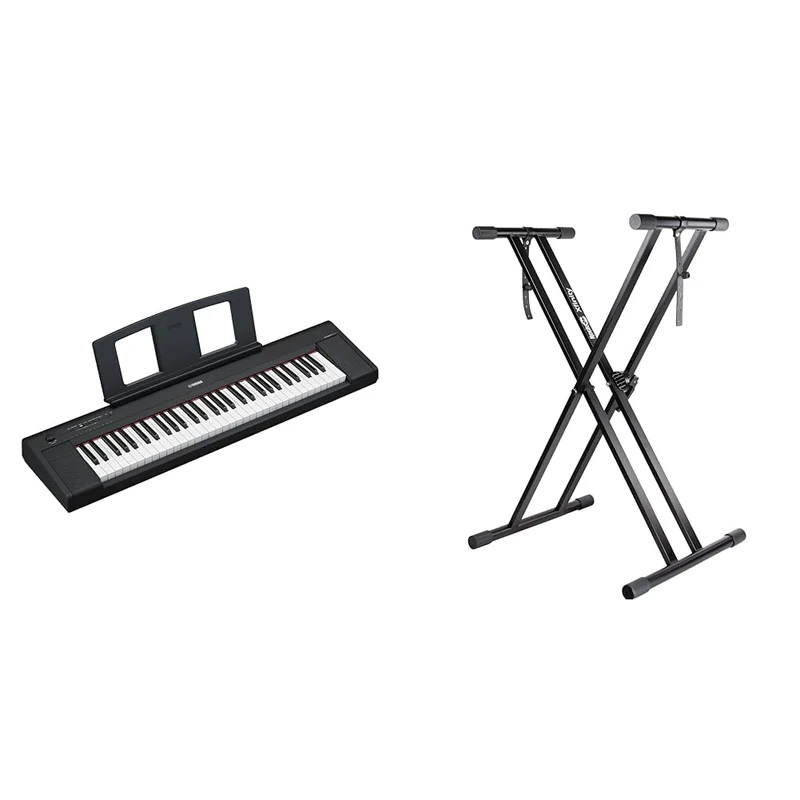 Yamaha NP-15 Piaggero Digital Keyboard with 61 Touch Sensitive Keys and 15 Instrumental Voices & RockJam XX-363 Xfinity Doublebraced Pre Assembled Keyboard Stand with Locking Straps & Lessons.,Black