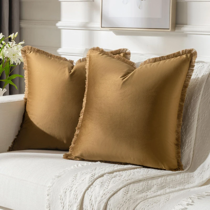 FUTEI Brown Velvet Decorative Throw Pillow Covers 24x24 Set of 2,Soft Cozy Edge with Tassels European Cushion Case,Boho Modern Home Decor for Couch Bed Living Room