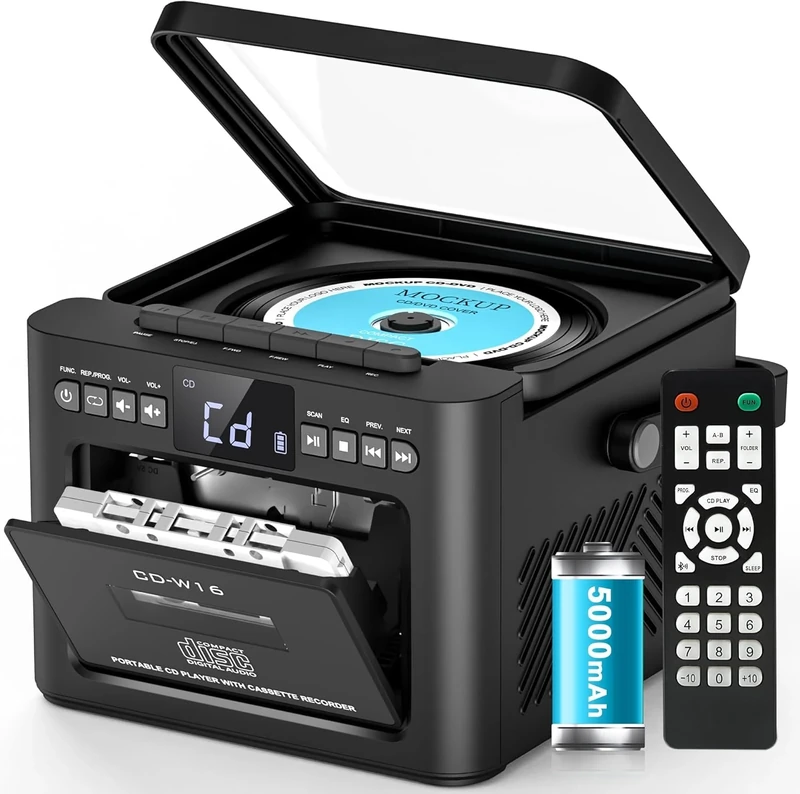 Greadio Portable CD Player for Home, Rechargeable Boombox Cassette Player, FM Radio CD Player with Bluetooth, 5000mAh Battery, Remote Control, USB, AUX, TF/SD Card, 5W Dual Stereo Speaker (Black)