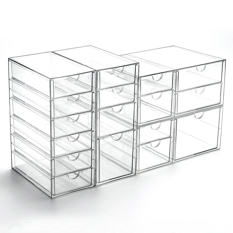 Prsildan Acrylic Makeup Organizer with 17 Drawers, Set of 4 Office Desk Organizers Accessories, Clear Stackable Storage Drawers for Vanity, Countertop, Craft, Jewelry, Art Supply Office Organization