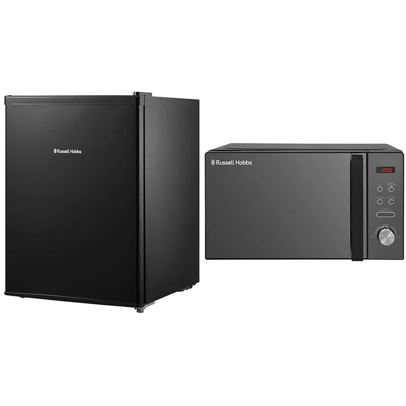 Russell Hobbs RHTTF67B 66 Litre Reversible Doors Table Top Mini Fridge, Black & RHM2076B 20 Litre 800 W Black Digital Solo Microwave with 5 Power Levels