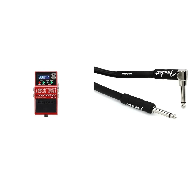 BOSS RC-5 Loop Station — modern, compact looper with first-class sound quality, 99 phrase memories & Fender Professional Series Instrument Guitar Cable, 10 ft, Straight/Angle, Black, 3m