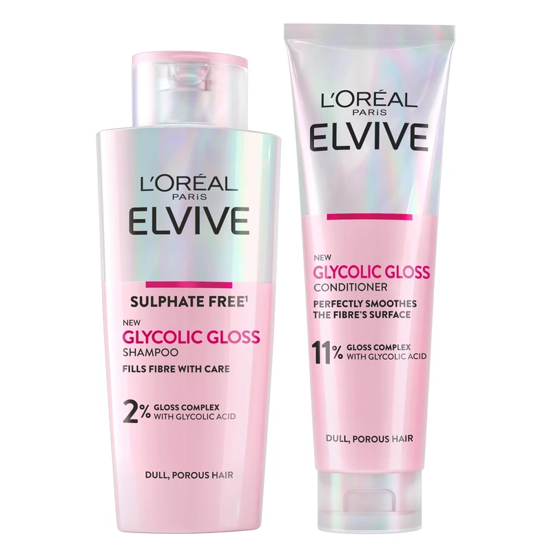 L'Oréal Paris Elvive Glycolic Gloss for Dull Porous Hair, Get The Shiniest Hair of Your Life, Glossing Routine for Mirror-Like Shine, Shampoo, Conditioner, Lamination Treatment, Leave-In Serum Set
