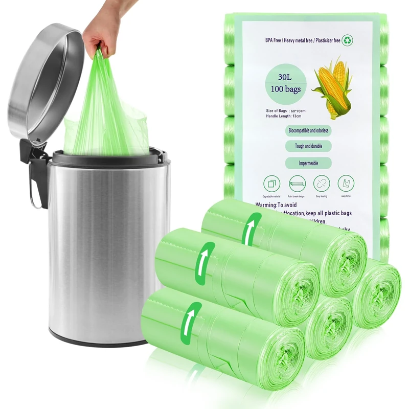 100 x 30 Liter Green Bin Bags with Handle, 23.6 * 25.6in/8Gallon Portable Food Waste Bags Medium Kitchen Bin Liners Food Caddy Bags for Office Bathroom Kitchen Garbage Bin