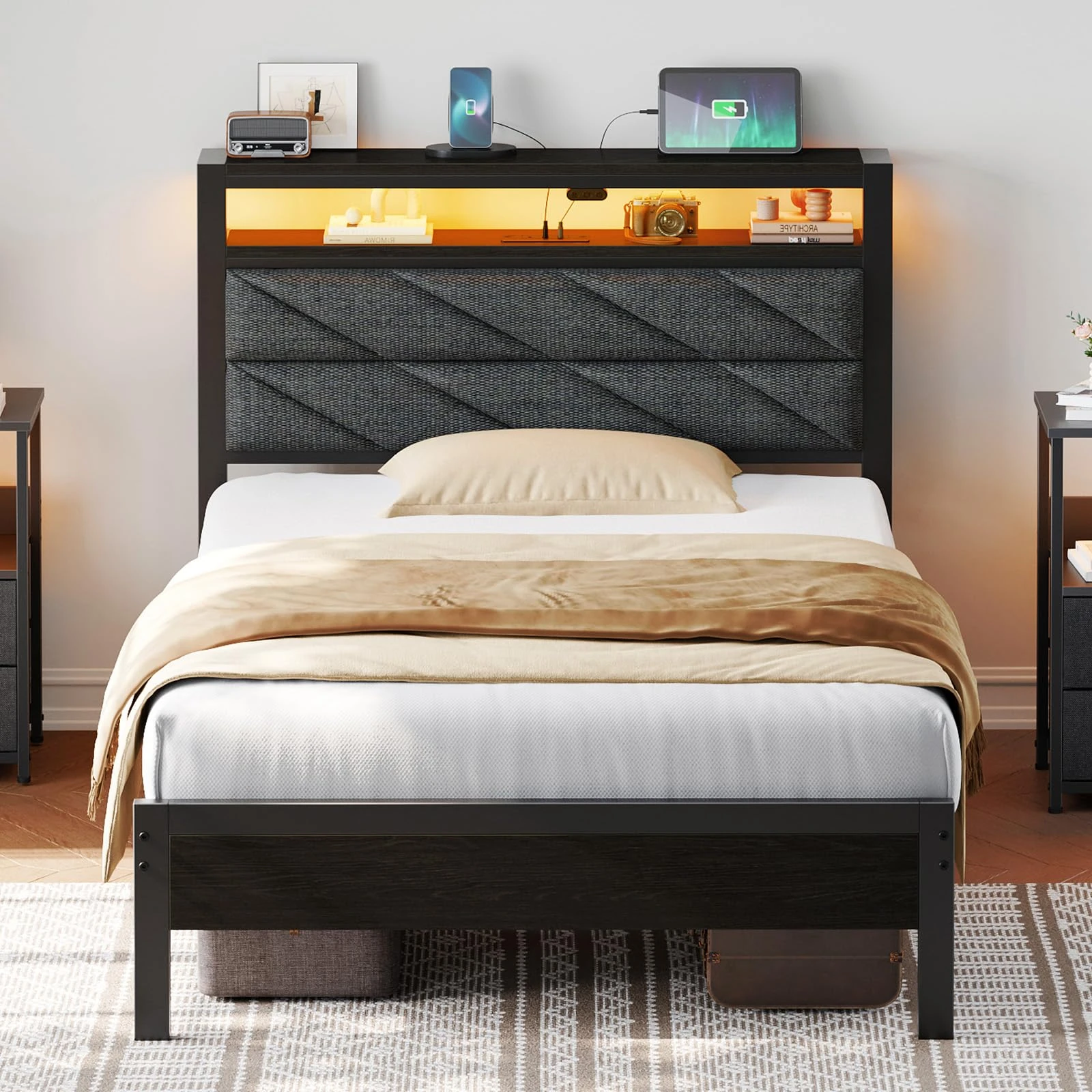 Seventable 90×190 Upholstered Single Bed Frame with LED Lights, USB & Type-C Charging Ports, Headboard Shelf, Underbed Storage Space, Sturdy Metal & Wood Structure