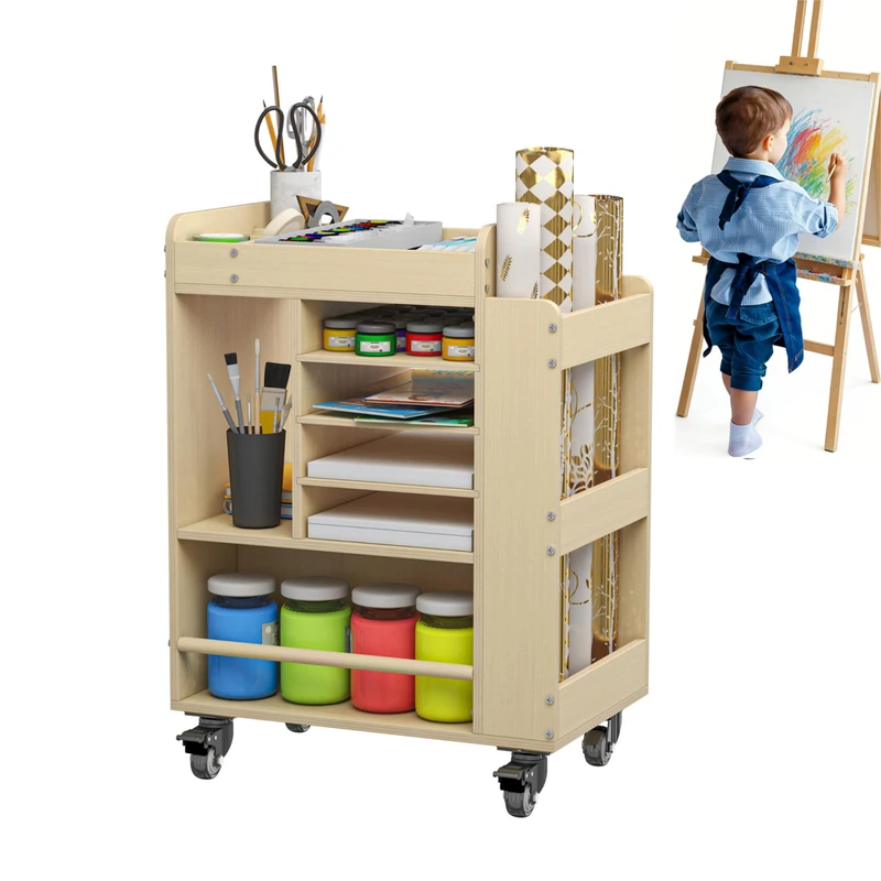 lukar Wooden Art Storage Cart with Wheels, 25.6" Art Supply Storage Organizer Cart, Multi-Functional Rolling Utility Carts for Kid, Arts Activity Carts for Storing A4 Paper, Brushes, Paint