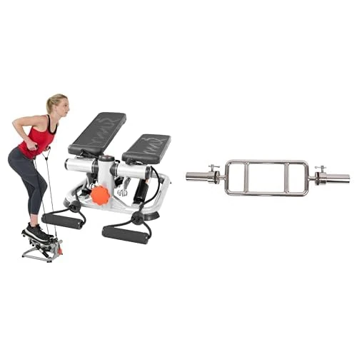 Sunny Health & Fitness Advanced Mini Home Steppers with Resistance Bands - SF-S0978 + Olympic Triceps Bar with Ring Collars, Olympic Weight for Weightlifting and Bodybuilding